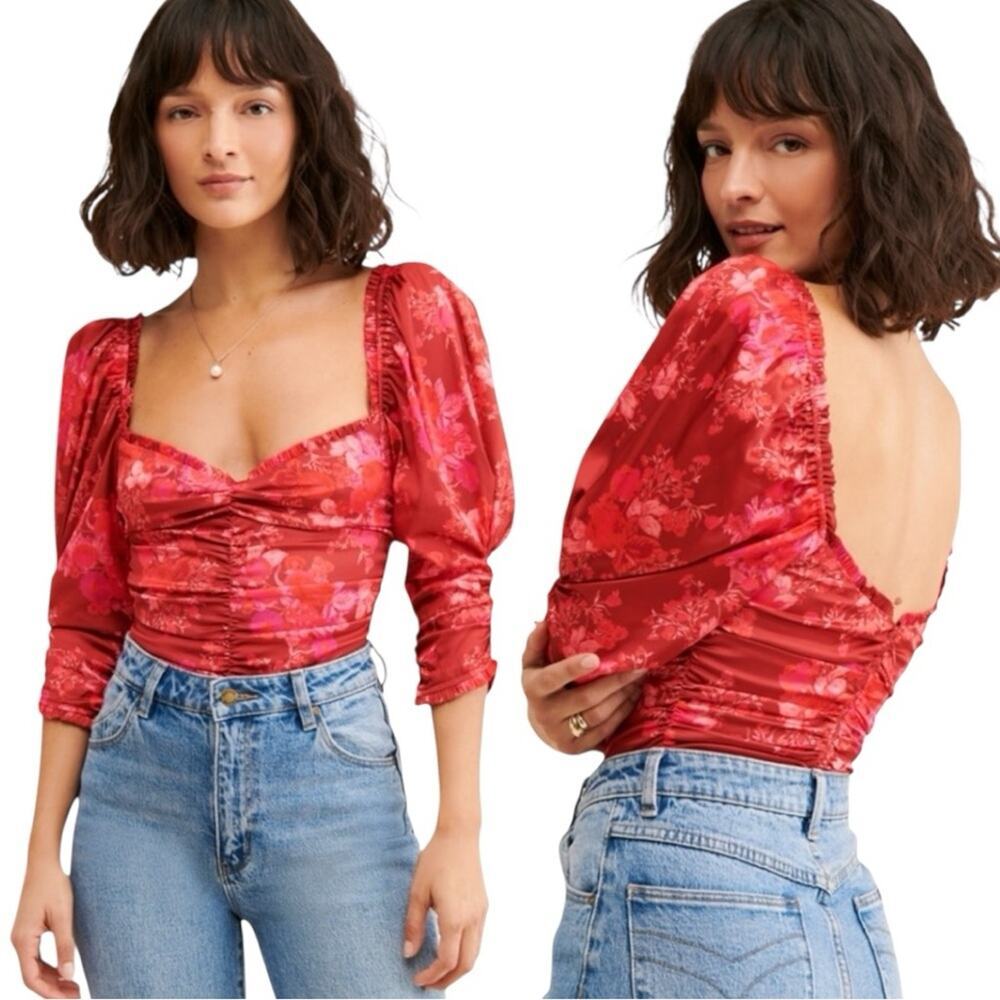 For Love & Lemons Monet Ruched Bodysuit Red Pink Floral Women’s Size Small